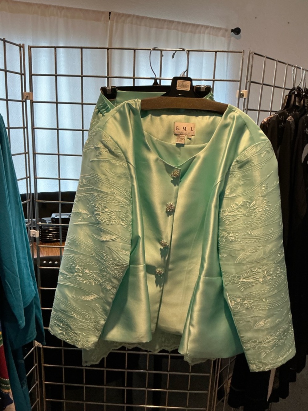 Mint Satin Embroidered Evening Jacket
